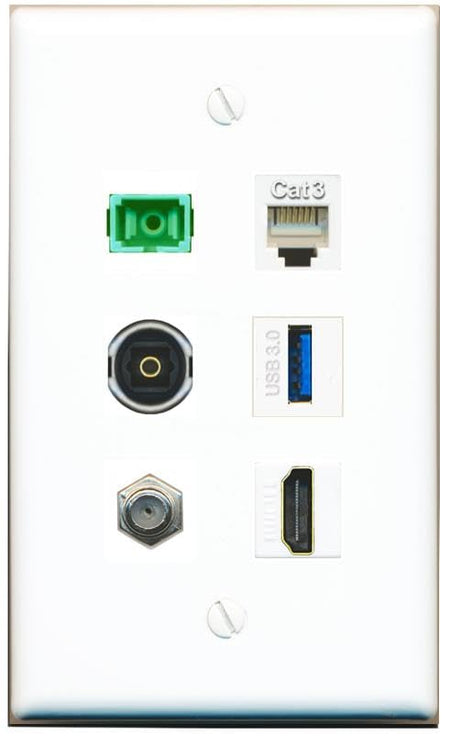 RiteAV Coax HDMI Phone SC-APC-SX TOSLINK USB-3 Flat/Solid Wall Plate [White]