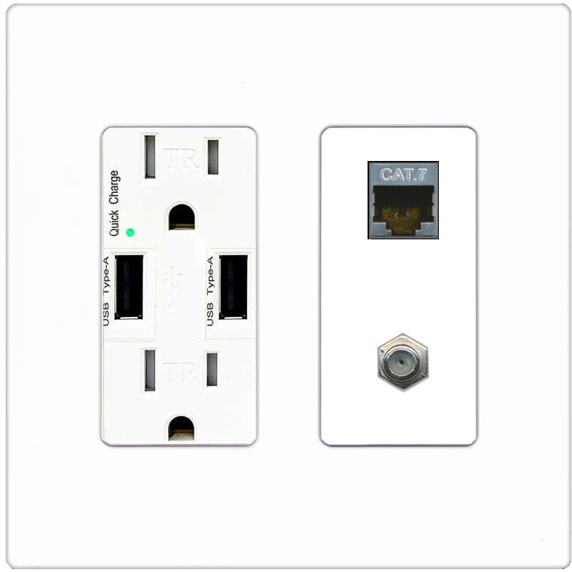 RiteAV Coax and Cat7 Wall Plate - USB Charger [Screwless White]