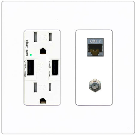 RiteAV Coax and Cat7 Wall Plate - USB Charger [Screwless White]