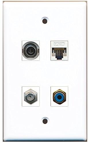 RiteAV - 1 Port RCA Blue 1 Port Coax Cable TV- F-Type 1 Port 3.5mm 1 Port Cat5e Ethernet White Wall Plate