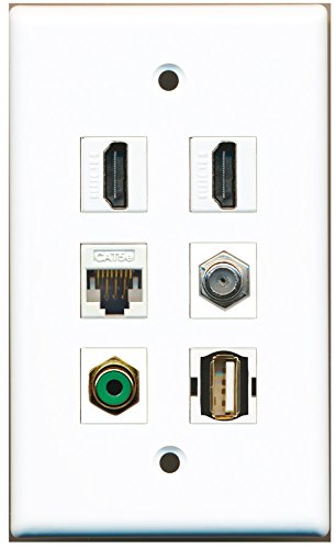 RiteAV - 2 HDMI 1 Port RCA Green 1 Port Coax Cable TV- F-Type 1 Port USB A-A 1 Port Cat5e Ethernet White Wall Plate