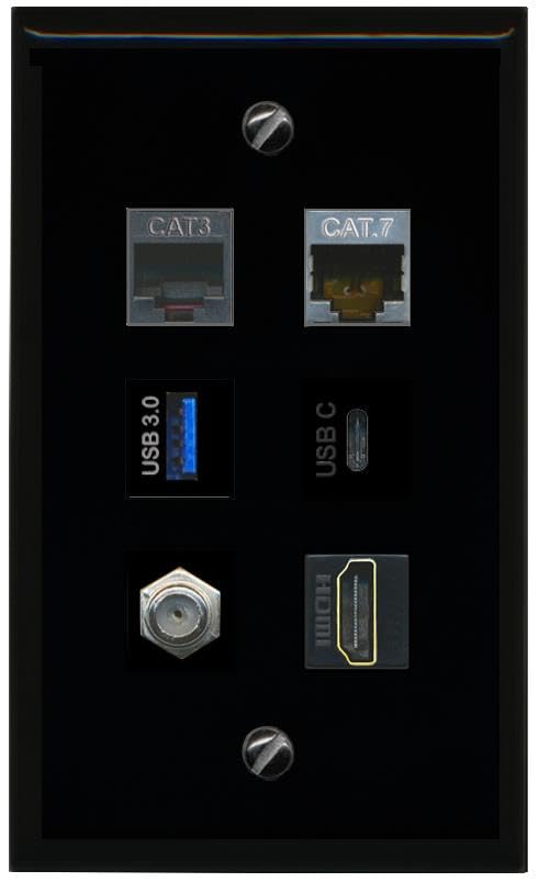 RiteAV CAT7 Coax HDMI Phone USB 3 USBC Flat/Solid Wall Plate [Black]