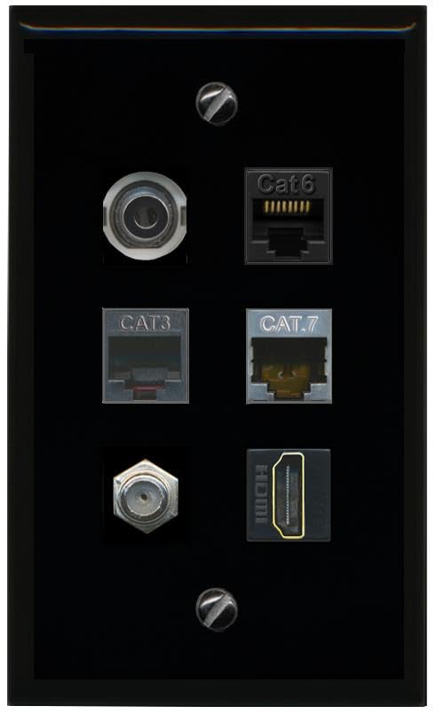 RiteAV 3.5mm CAT6 CAT7 Coax HDMI Phone Flat/Solid Wall Plate [Black]