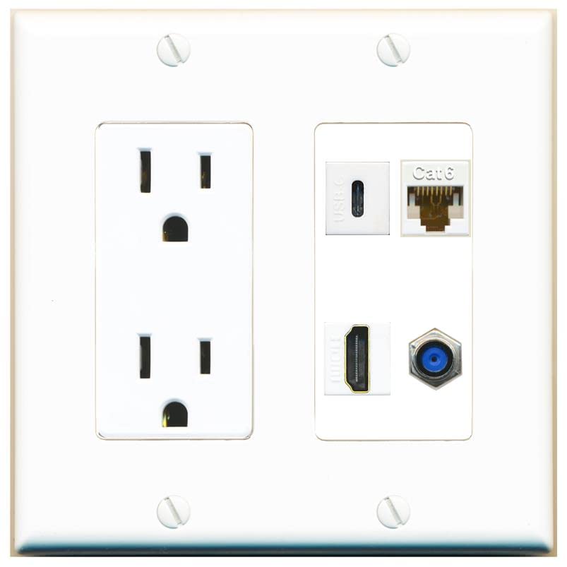 RiteAV USBC HDMI Cat6 Coax F81 Wall Plate - Outlet [White/White]