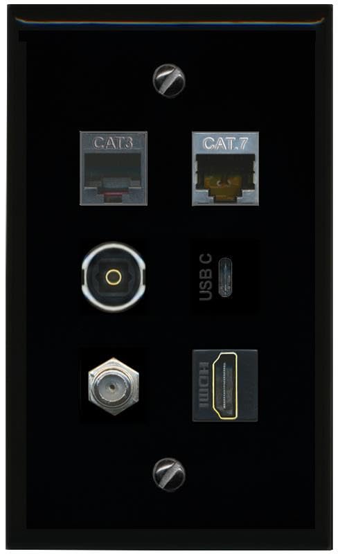 RiteAV CAT7 Coax HDMI Phone TOSLINK USBC Flat/Solid Wall Plate [Black]