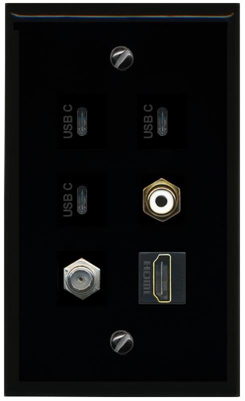 RiteAV Coax HDMI RCA White 3 USBC Flat/Solid Wall Plate [Black]