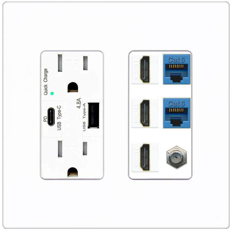 RiteAV 3 HDMI Wall Plate 2 Cat6 1 Coax - USB A+C Charger [Screwless White]