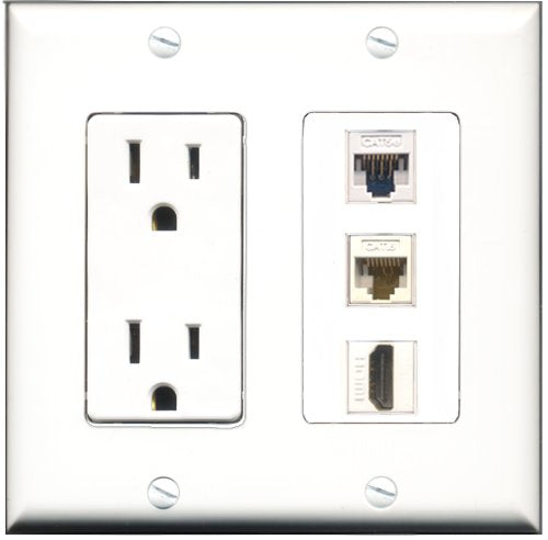 RiteAV - 15 Amp Power Outlet 1 Port HDMI 1 Port Cat5e Ethernet White 1 Port Cat6 Ethernet Ethernet White Decorative Wall Plate