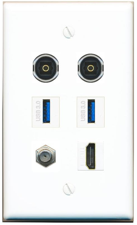 RiteAV Coax HDMI 2 TOSLINK 2 USB-3 Flat/Solid Wall Plate [White]