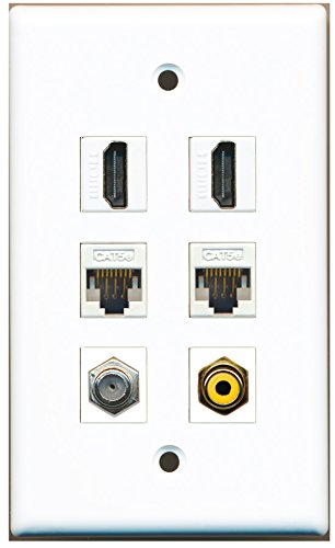 RiteAV - 2 HDMI 1 Port RCA Yellow 1 Port Coax Cable TV- F-Type 2 Port Cat5e Ethernet White Wall Plate