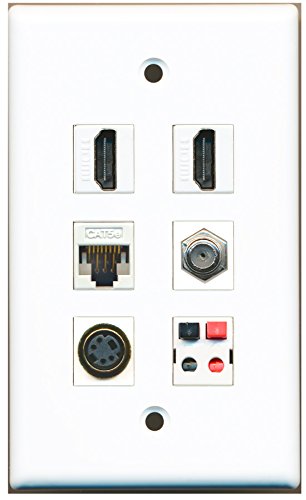 RiteAV - 2 HDMI 1 Port Coax Cable TV- F-Type 1 Port S-Video 1 Port Cat5e Ethernet White 1 Port Speaker Wall Plate