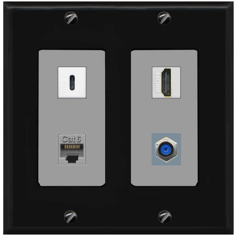 RiteAV USBC HDMI Cat6 Coax F81 Wall Plate - 2 Gang [Black/Gray]