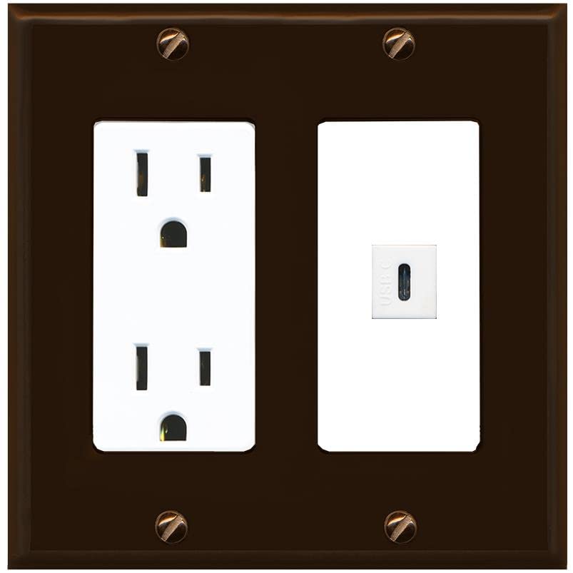 RiteAV USBC Wall Plate - Outlet [Brown/White]