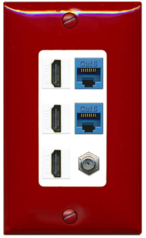 RiteAV 3 HDMI Wall Plate 2 Cat6 1 Coax - 1 Gang [Red/White]