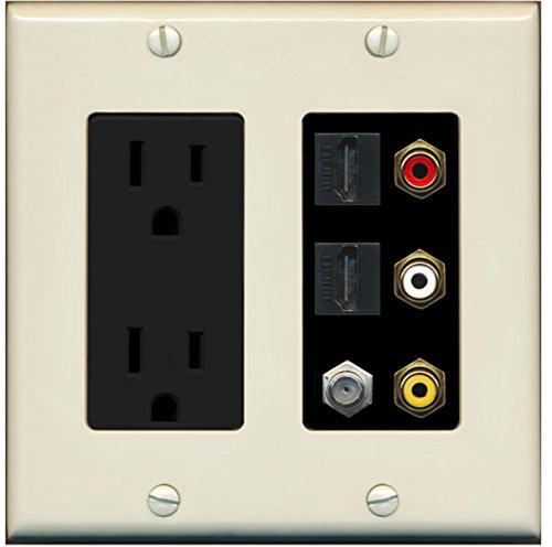 RiteAV - 2 x 15 Amp 125V Power Outlet 3 x RCA - 2 X HDMI and 1 x Coax Cable TV Port Wall Plate - Light Almond/Black