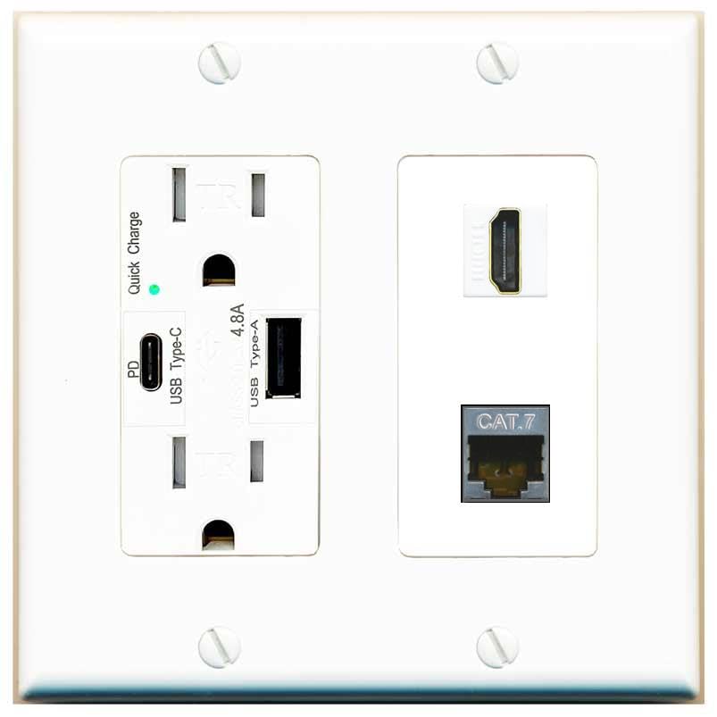 RiteAV HDMI and Cat7 Wall Plate - USB A+C Charger [White/White]