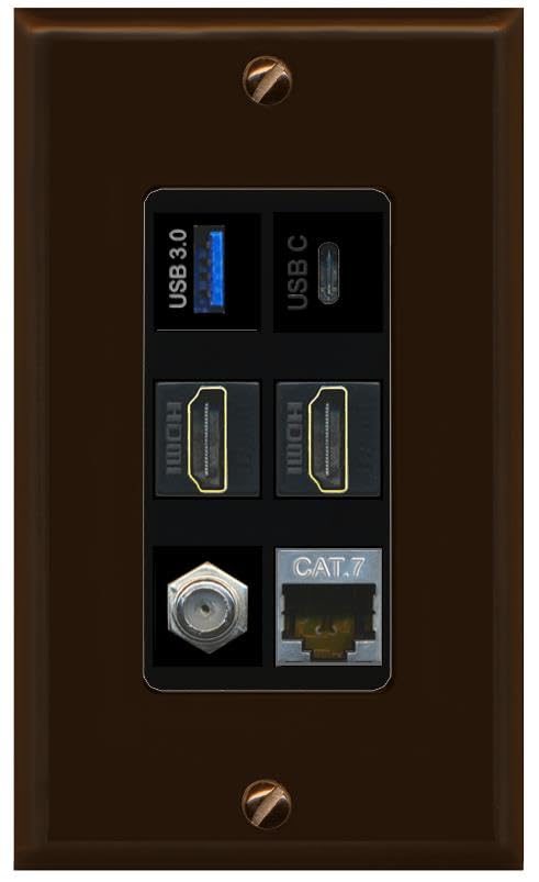 RiteAV USB 3 USB C 2 HDMI Coax Cat7 Wall Plate - 1 Gang [Brown/Black]