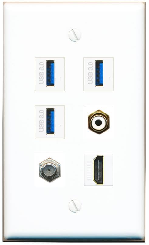 RiteAV Coax HDMI RCA-White 3 USB-3 Flat/Solid Wall Plate [White]
