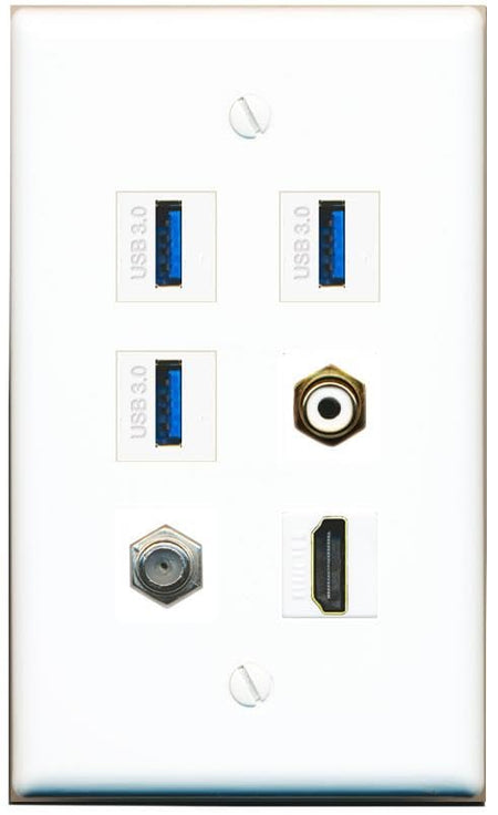 RiteAV Coax HDMI RCA-White 3 USB-3 Flat/Solid Wall Plate [White]