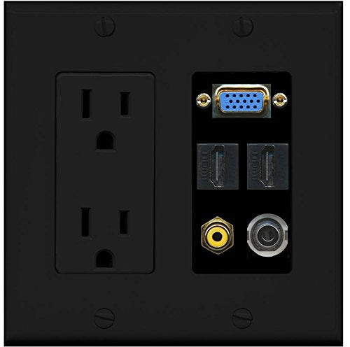 RiteAV (2 Gang 15A Power Outlet Svga RCA Yellow 3.5mm 2 HDMI Wall Plate Black