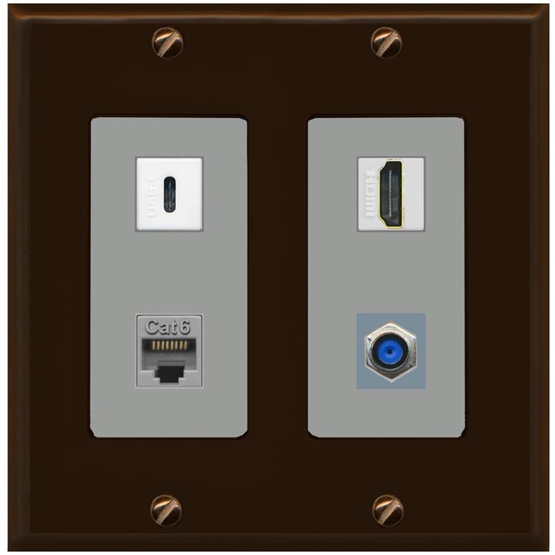 RiteAV USBC HDMI Cat6 Coax F81 Wall Plate - 2 Gang [Brown/Gray]