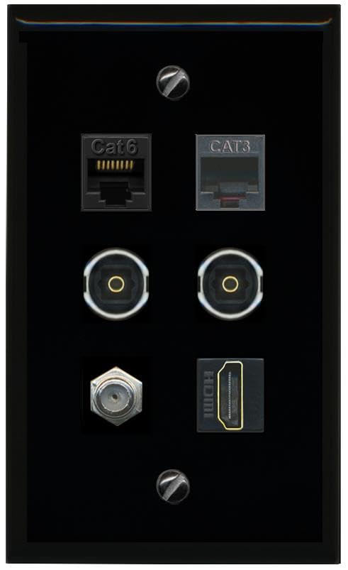 RiteAV CAT6 Coax HDMI Phone 2 TOSLINK Flat/Solid Wall Plate [Black]