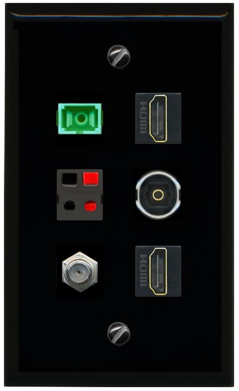 RiteAV COAX 2 HDMI SC APC Simplex Fiber SPEAKER TOSLINK Flat/Solid Wall Plate [Black]