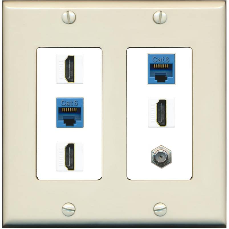 RiteAV 3 HDMI Wall Plate 2 Cat6 1 Coax - 2 Gang [Light-Almond/White]