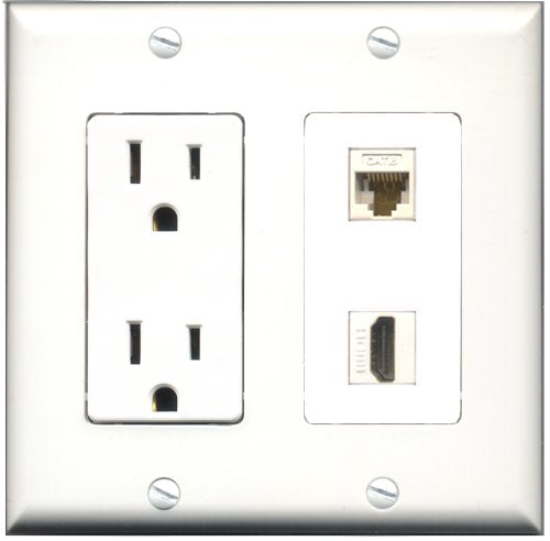 RiteAV - 15 Amp Power Outlet and 1 Port HDMI and 1 Port Cat6 Ethernet White Decorative Type Wall Plate White