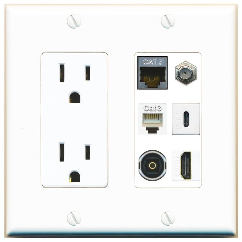 CAT7 COAX HDMI PHONE TOSLINK USBC Wall Plate-Outlet White