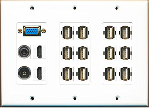 RiteAV - (3 Gang Svga 2 HDMI 3.5mm Toslink 12 USB A-A Wall Plate White