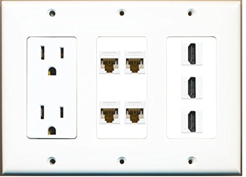 RiteAV - (3 Gang 15A Power Outlet 3 HDMI 4 Cat6 White Wall Plate White