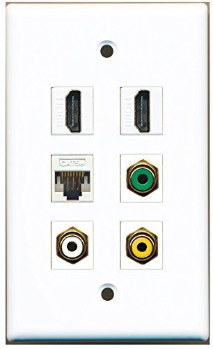 RiteAV - 2 HDMI 1 Port RCA White 1 Port RCA Yellow 1 Port RCA Green 1 Port Cat5e Ethernet White Wall Plate