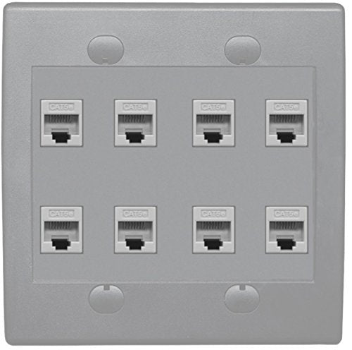 RiteAV 8 Port Flat Dual 2 Gang Ethernet Cat5e RJ45 Network Wall Plate - Gray