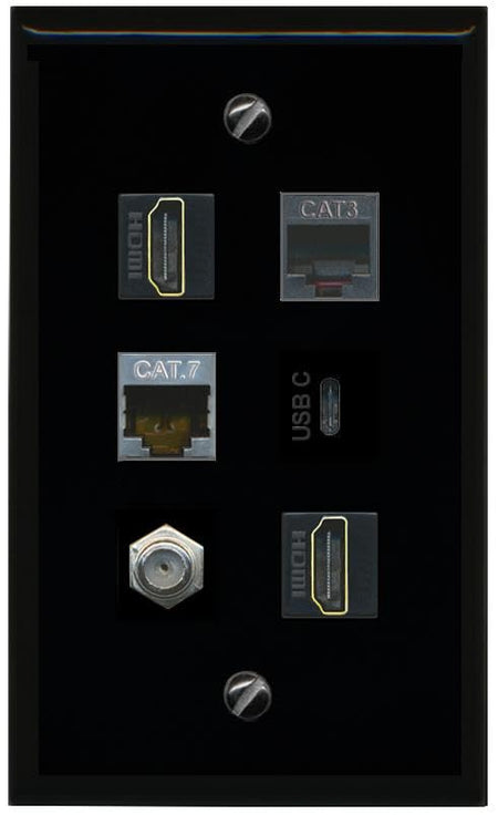 RiteAV CAT7 Coax 2 HDMI Phone USBC Flat/Solid Wall Plate [Black]