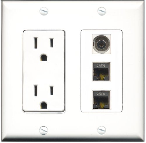 RiteAV - 15 Amp Power Outlet 2 Port Shielded Cat6 Ethernet Ethernet 1 Port 3.5mm Decorative Wall Plate