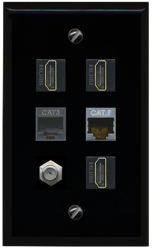 RiteAV CAT7 Coax 3 HDMI Phone Flat/Solid Wall Plate [Black]