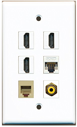 RiteAV - 3 HDMI 1 Port RCA Yellow 1 Port Phone RJ11 RJ12 Beige 1 Port Cat5e Ethernet White Wall Plate