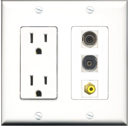 RiteAV - 15 Amp Power Outlet 1 Port RCA Yellow 1 Port Toslink 1 Port 3.5mm Decorative Wall Plate