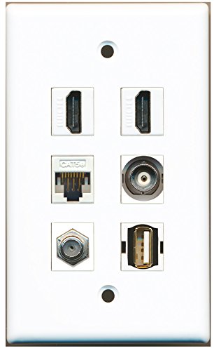 RiteAV - 2 HDMI 1 Port Coax Cable TV- F-Type 1 Port USB A-A 1 Port BNC 1 Port Cat5e Ethernet White Wall Plate