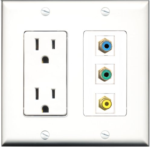 RiteAV - 15 Amp Power Outlet 1 Port RCA Yellow 1 Port RCA Green 1 Port RCA Blue Decorative Wall Plate