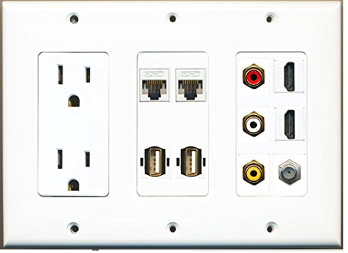 RiteAV 15 Amp Power Outlet 3 RCA Composite 2 HDMI 1 Coax 2 USB Cat5e Wall Plate