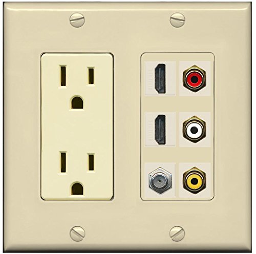 RiteAV Ivory 15A Power Outlet Composite Ivory 2 HDMI 1 Coax Wall Plate 2 Gang