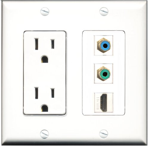 RiteAV - 15 Amp Power Outlet 1 Port HDMI 1 Port RCA Green 1 Port RCA Blue Decorative Wall Plate