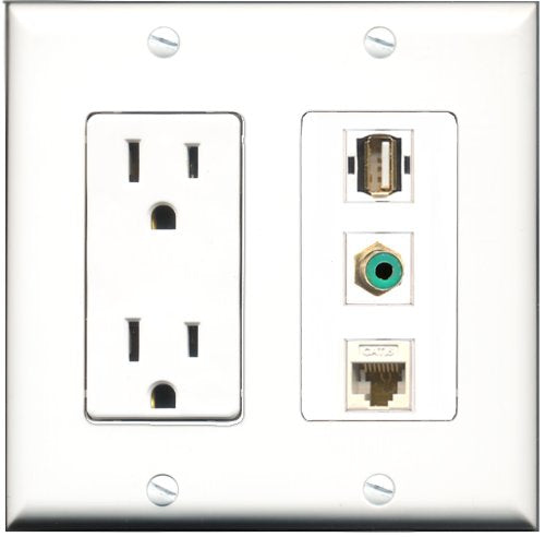 RiteAV - 15 Amp Power Outlet 1 Port RCA Green 1 Port USB A-A 1 Port Cat6 Ethernet Ethernet White Decorative Wall Plate