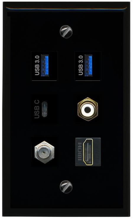 RiteAV Coax HDMI RCA White 2 USB 3 USBC Flat/Solid Wall Plate [Black]