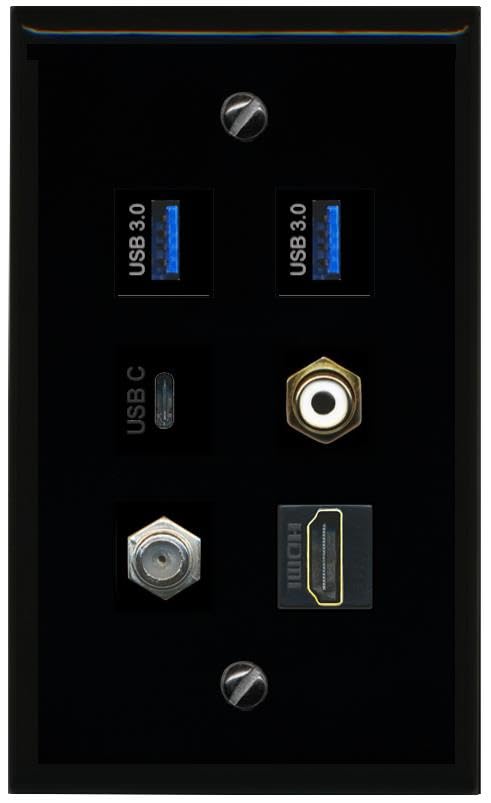 RiteAV Coax HDMI RCA White 2 USB 3 USBC Flat/Solid Wall Plate [Black]