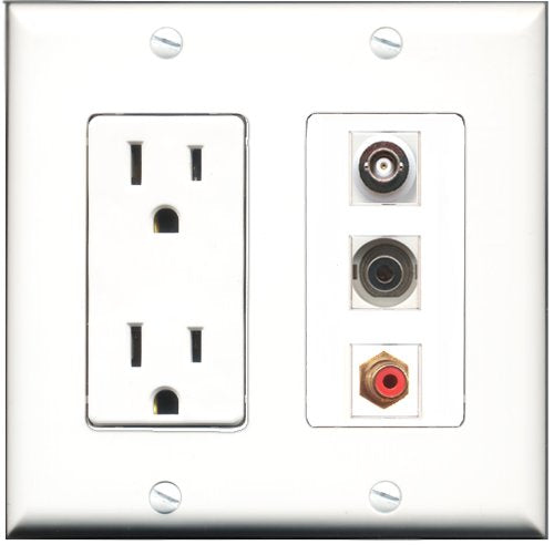 RiteAV - 15 Amp Power Outlet 1 Port RCA Red 1 Port 3.5mm 1 Port BNC Decorative Wall Plate