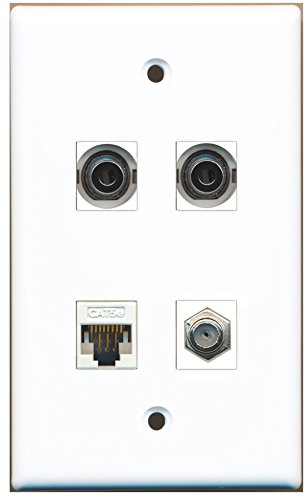 RiteAV - 1 Port Coax Cable TV- F-Type 2 Port 3.5mm 1 Port Cat5e Ethernet White Wall Plate