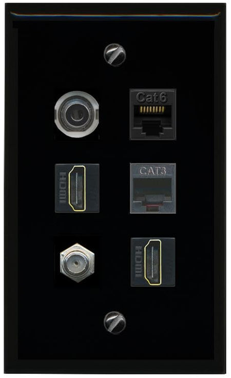 RiteAV 3.5mm CAT6 Coax 2 HDMI Phone Flat/Solid Wall Plate [Black]